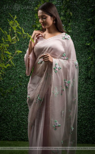Sarah Pure Silk-Organza & Satin-Silk Ribbon Hand Embroidered Beige Pink Saree