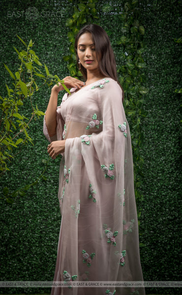 Sarah Pure Silk-Organza & Satin-Silk Ribbon Hand Embroidered Beige Pink Saree