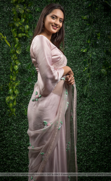 Sarah Pure Silk-Organza & Satin-Silk Ribbon Hand Embroidered Beige Pink Saree