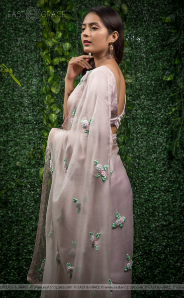 Sarah Pure Silk-Organza & Satin-Silk Ribbon Hand Embroidered Beige Pink Saree