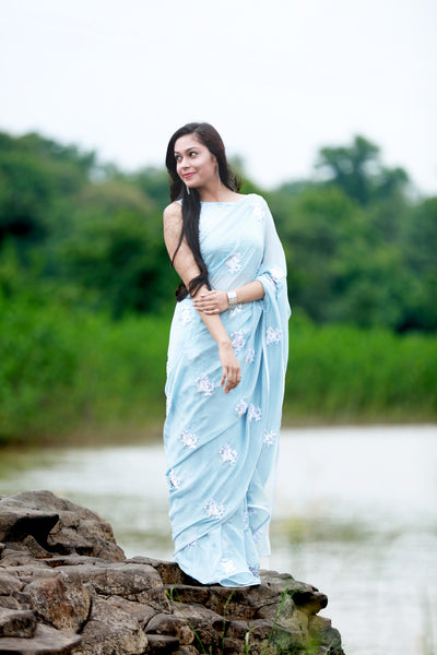 Powder Blue White Floral Pure Silk Chiffon Saree