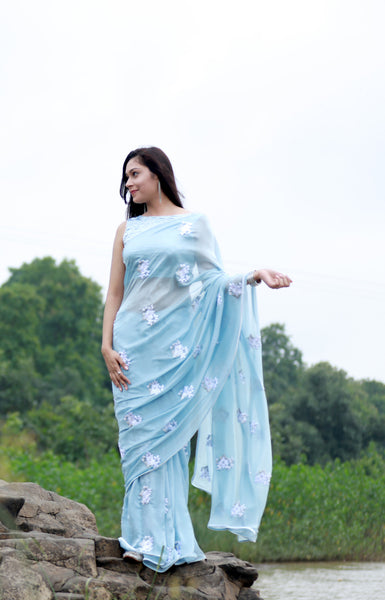 Powder Blue White Floral Pure Silk Chiffon Saree