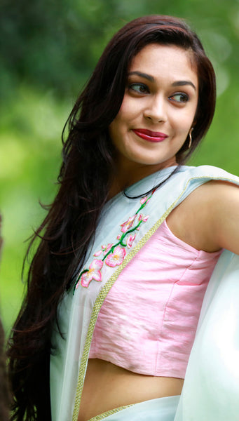 Baby Blue Gala Orchid Twig Pure Silk Chiffon Saree