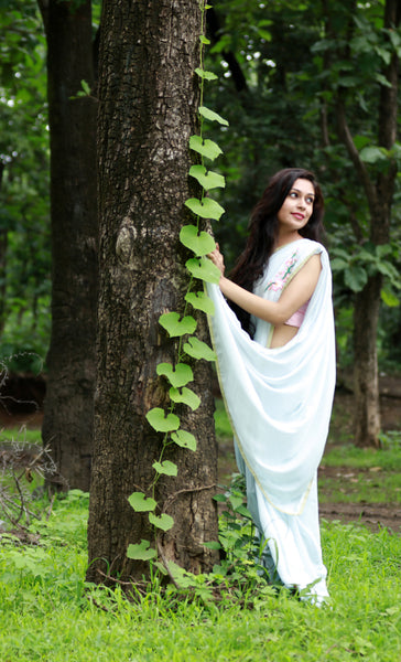 Baby Blue Gala Orchid Twig Pure Silk Chiffon Saree