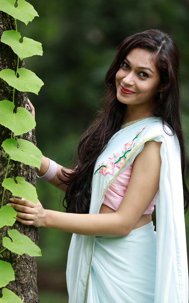 Baby Blue Gala Orchid Twig Pure Silk Chiffon Saree