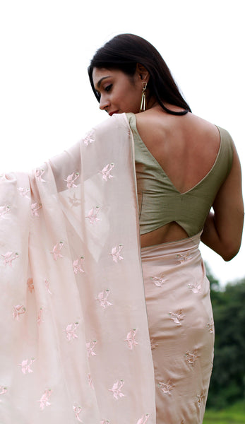 Peach Sorbet and Pearls Pure Silk Chiffon Saree