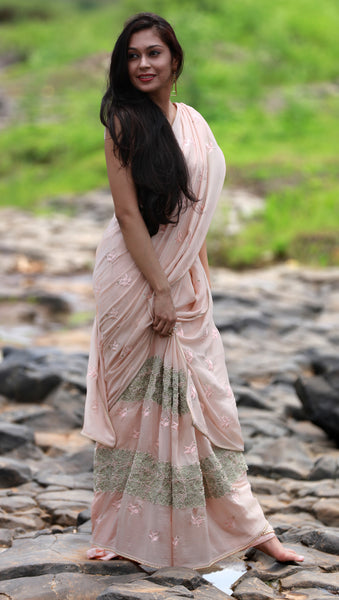 Peach Sorbet and Pearls Pure Silk Chiffon Saree