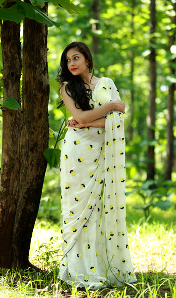 Yellow Crocus on White Pure Silk Chiffon Saree