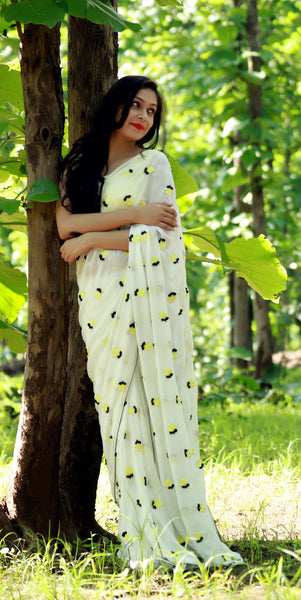 Yellow Crocus on White Pure Silk Chiffon Saree