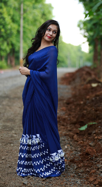 White Birdies on a Navy Blue Pure Silk Chiffon Saree