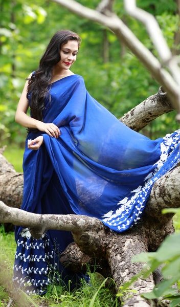 White Birdies on a Navy Blue Pure Silk Chiffon Saree