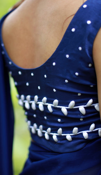 White Birdies on a Navy Blue Pure Silk Chiffon Saree