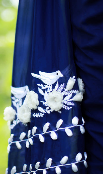 White Birdies on a Navy Blue Pure Silk Chiffon Saree