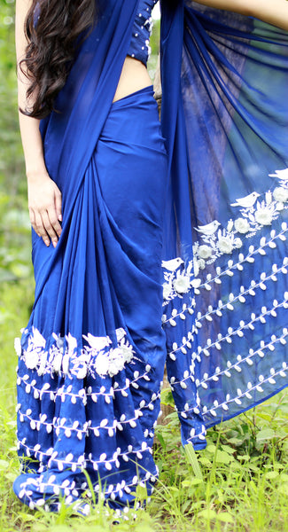 White Birdies on a Navy Blue Pure Silk Chiffon Saree