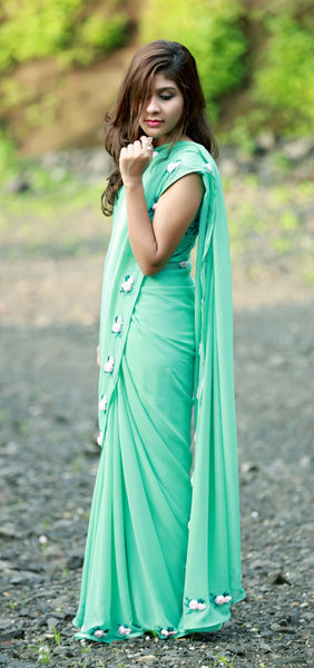 Baby Pink Rose Flowers on a Sea Green Pure Silk Georgette Saree
