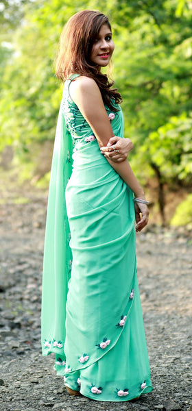Baby Pink Rose Flowers on a Sea Green Pure Silk Georgette Saree