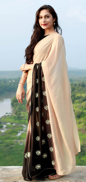 Gold Lotuses on Apricot Pure Silk Georgette Saree