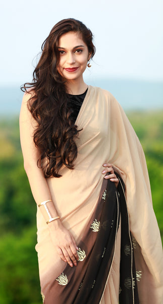 Gold Lotuses on Apricot Pure Silk Georgette Saree