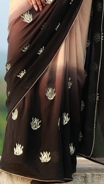 Gold Lotuses on Apricot Pure Silk Georgette Saree