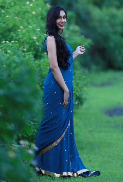 Deep Sea Blue-Green Pure Silk-Georgette Saree with Sequins