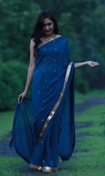 Deep Sea Blue-Green Pure Silk-Georgette Saree with Sequins