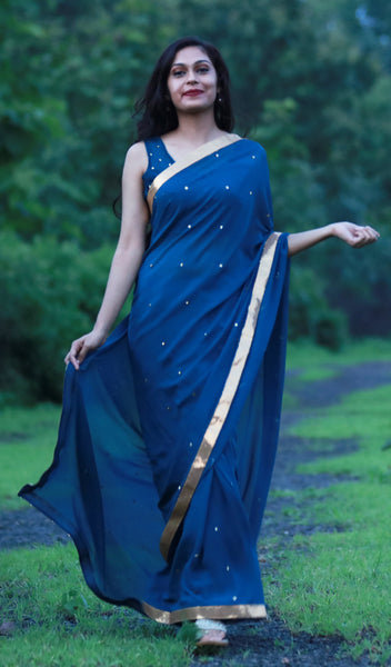 Deep Sea Blue-Green Pure Silk-Georgette Saree with Sequins