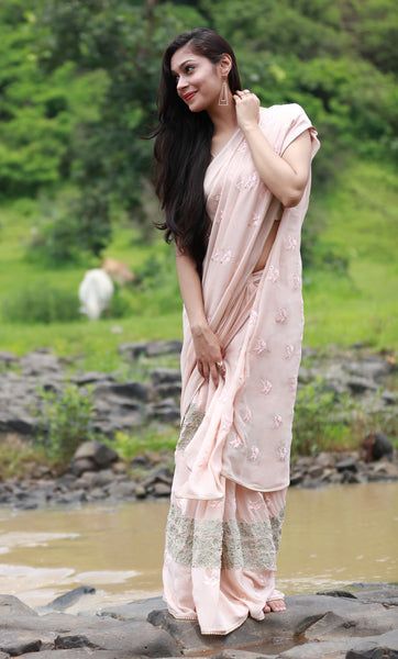 Peach Sorbet and Pearls Pure Silk Chiffon Saree