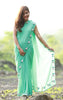 Baby Pink Rose Flowers on a Sea Green Pure Silk Georgette Saree