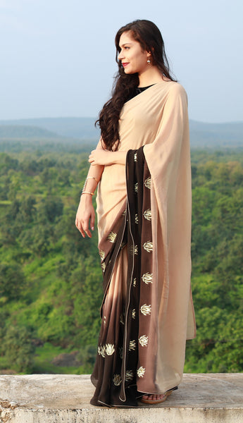 Gold Lotuses on Apricot Pure Silk Georgette Saree