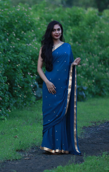Deep Sea Blue-Green Pure Silk-Georgette Saree with Sequins