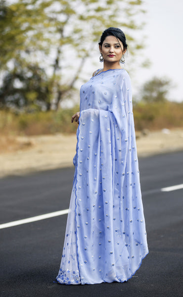 Forget-Me-Not Blue Pure Silk Chiffon and Net Embroidered Saree