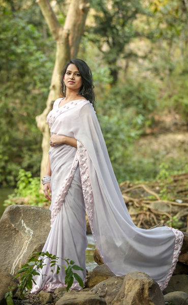 Winterland Grey Silk Chiffon Ribbonwork Roses Saree
