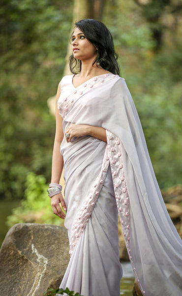 Winterland Grey Silk Chiffon Ribbonwork Roses Saree