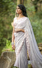 Winterland Grey Silk Chiffon Ribbonwork Roses Saree
