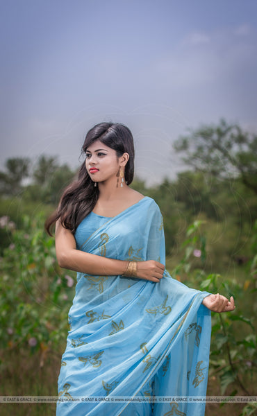 Gold Aviary Pure Silk-Chiffon Hand Embroidered Saree