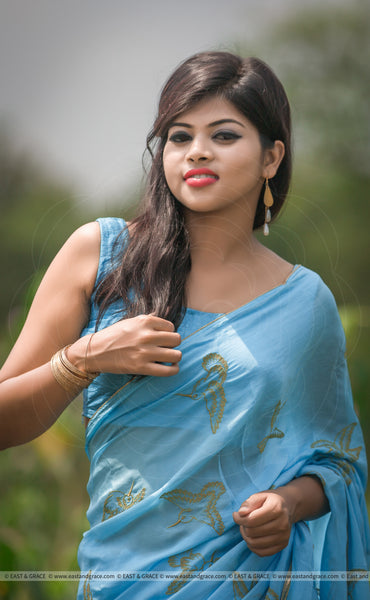 Gold Aviary Pure Silk-Chiffon Hand Embroidered Saree