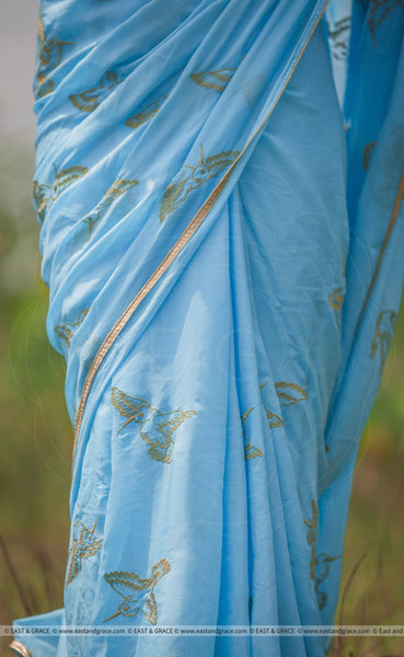 Gold Aviary Pure Silk-Chiffon Hand Embroidered Saree