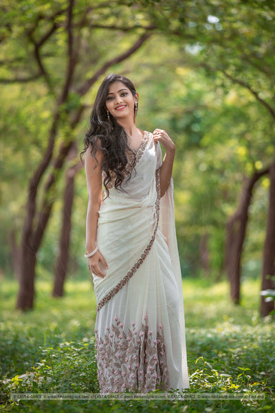 Pink Marsh Pure Silk-Crepe Ribbon Embroidered Saree with Sequin Blouse