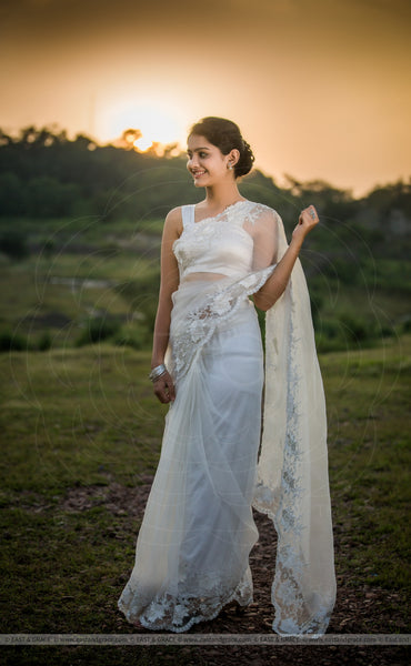 White Magnolia Pure Silk-Organza Embroidered Saree