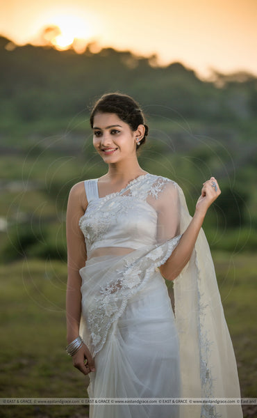 White Magnolia Pure Silk-Organza Embroidered Saree