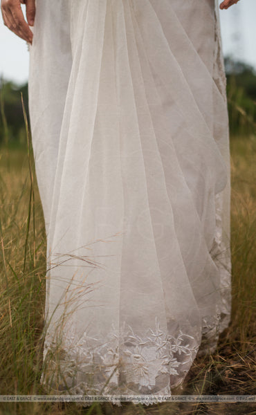 White Magnolia Pure Silk-Organza Embroidered Saree