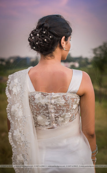 White Magnolia Pure Silk-Organza Embroidered Saree
