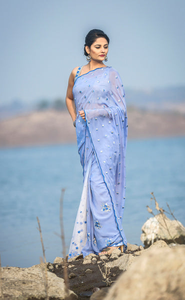 Forget-Me-Not Blue Pure Silk Chiffon and Net Embroidered Saree