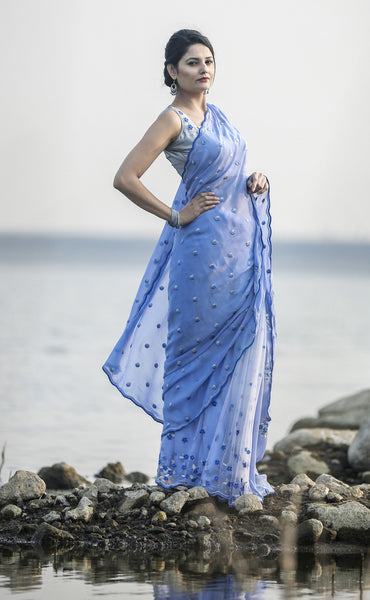 Forget-Me-Not Blue Pure Silk Chiffon and Net Embroidered Saree
