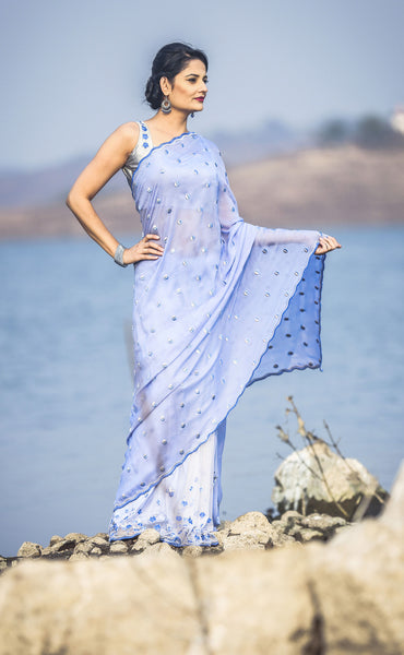 Forget-Me-Not Blue Pure Silk Chiffon and Net Embroidered Saree
