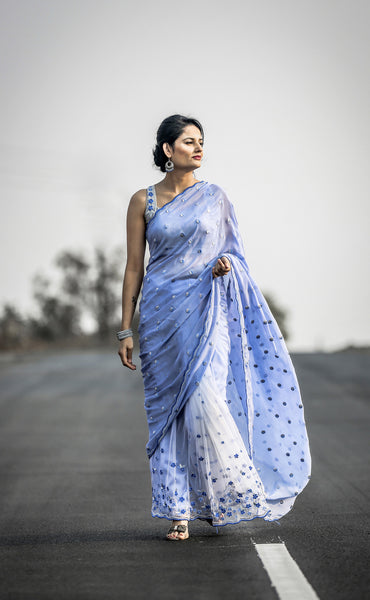 Forget-Me-Not Blue Pure Silk Chiffon and Net Embroidered Saree