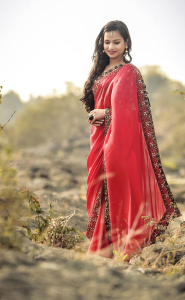 Red Ruby Silk Chiffon Saree with Gold Sequin Embroidery