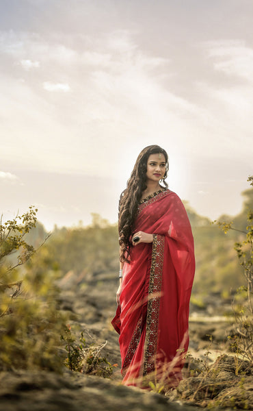Red Ruby Silk Chiffon Saree with Gold Sequin Embroidery