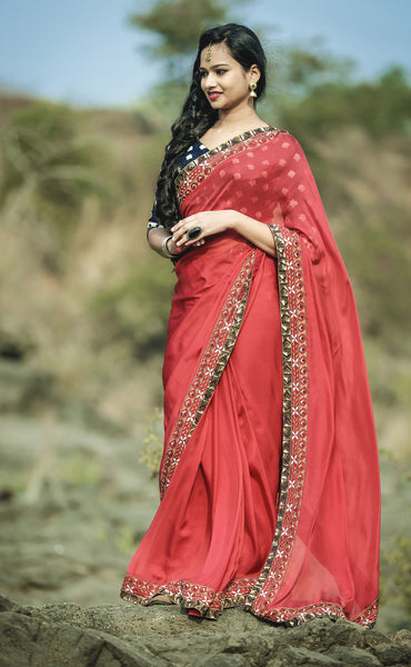 Red Ruby Silk Chiffon Saree with Gold Sequin Embroidery