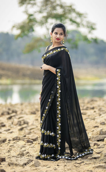 Black Buttercup Pure Silk Georgette Ribbonwork Saree